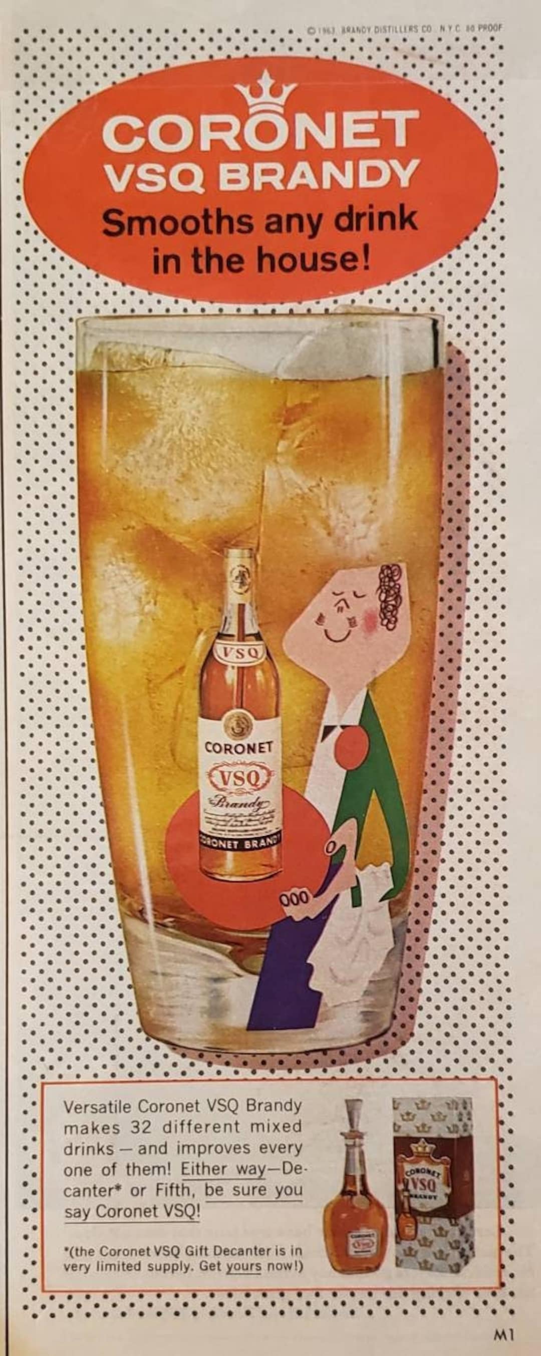 1963 VSQ BRANDY Alcohol Liquor Drink Beverage Vintage Print Ad