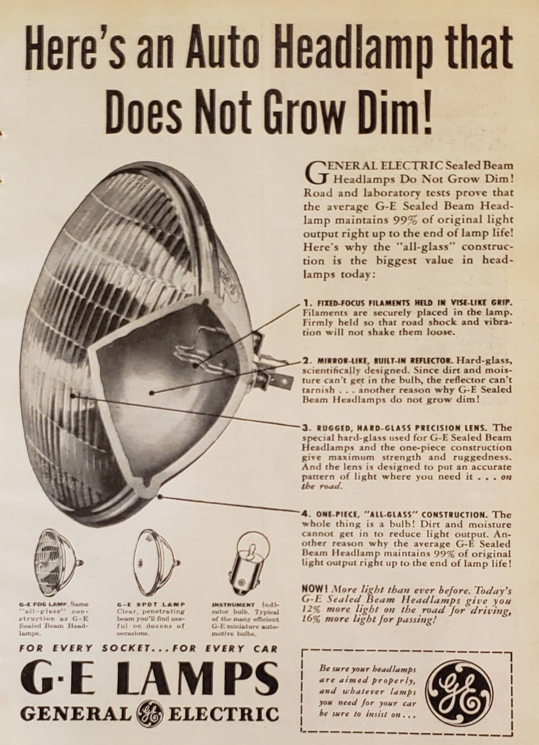 1947 GE General Electric Lamps Auto Headlamp Car Automotive Vintage