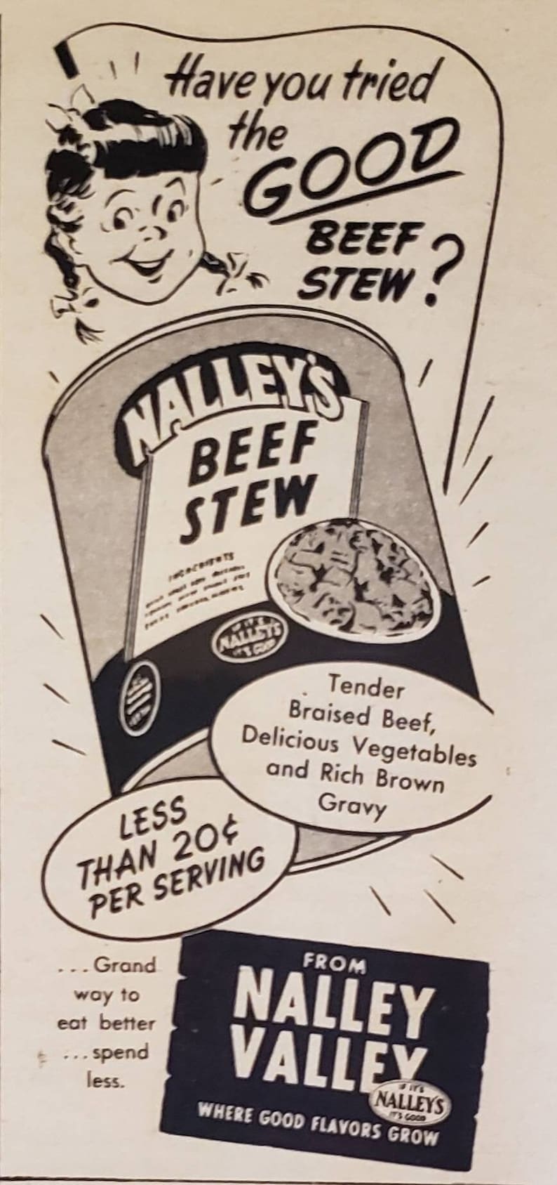 1949 NALLEY'S BEEF STEW Canned Food Nalley Valley Vintage Print Ad Etsy