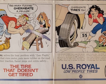 1961 US ROYAL Tires Pneu de carro de perfil baixo, anúncio impresso vintage de 2 páginas