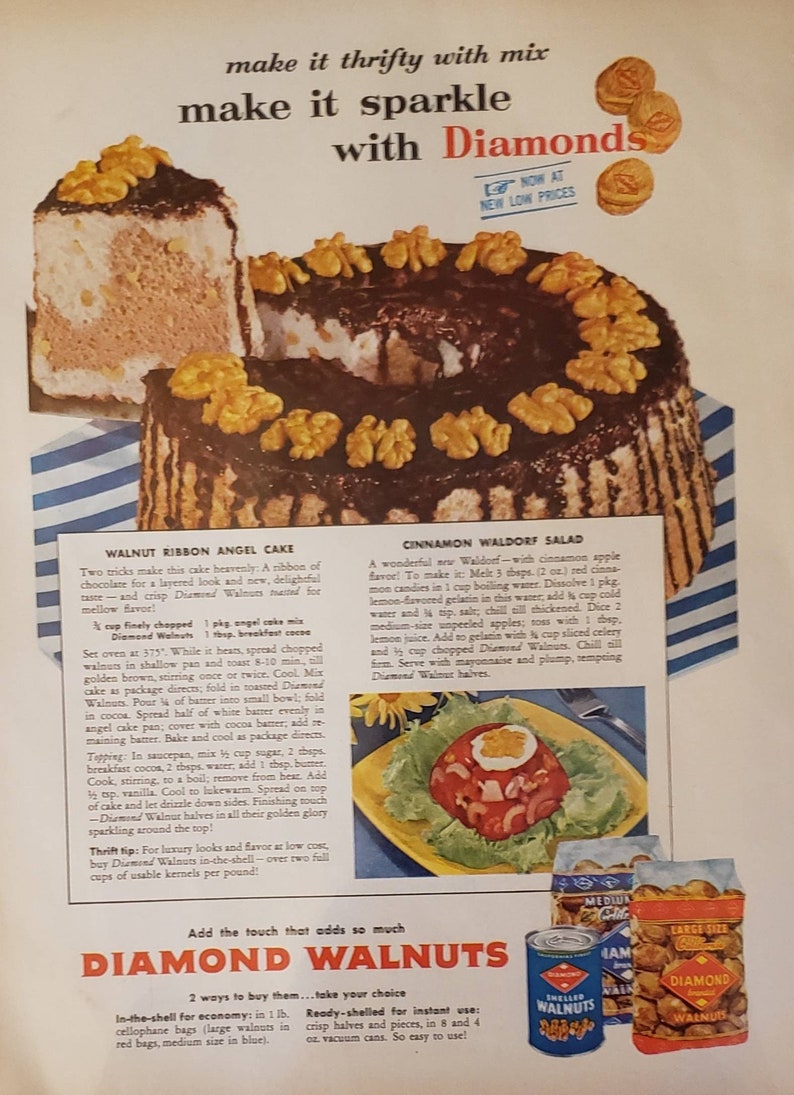 1954 DIAMOND WALNUTS Nuts Walnut Ribbon Angel Cake Waldorf Salad Recipes Food Vintage Print Ad image 1