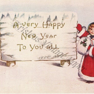 TÉLÉCHARGEMENT NUMÉRIQUE Happy New Year Holiday vintage Post Card Illustration Drawing Clip Art Image
