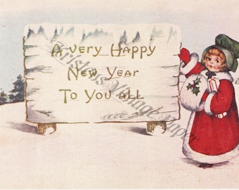 DIGITAL DOWNLOAD Happy New Year Holiday Vintage Post Card Illustration Drawing Clip Art Image