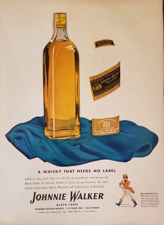 1943 VITAMINS Plus Family Health Nutrition JOHNNIE WALKER Black Label  Scotch Whisky Alcohol Bottle World War 2 Vintage Print Ad