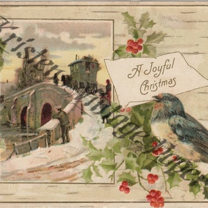 Digitale Download Bestand JOYFUL CHRISTMAS Digitale Afbeeldingsbestand Bird Holly 1910s Vintage Ansichtkaart Vakantie Afdrukbare Scrapbooking Collage