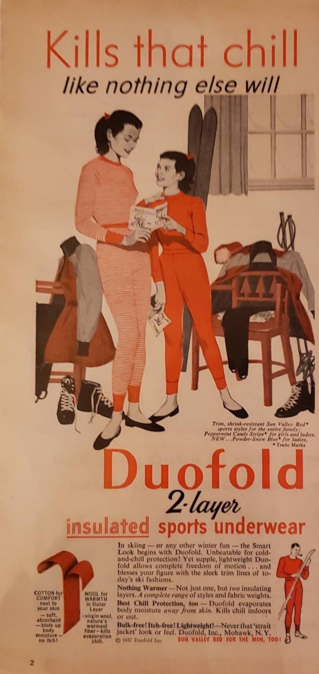 1958 DUOFOLD Two Layer Insulated Sports Long Underwear Clothing Fashion  Kills That Chill Vintage Print Ad 