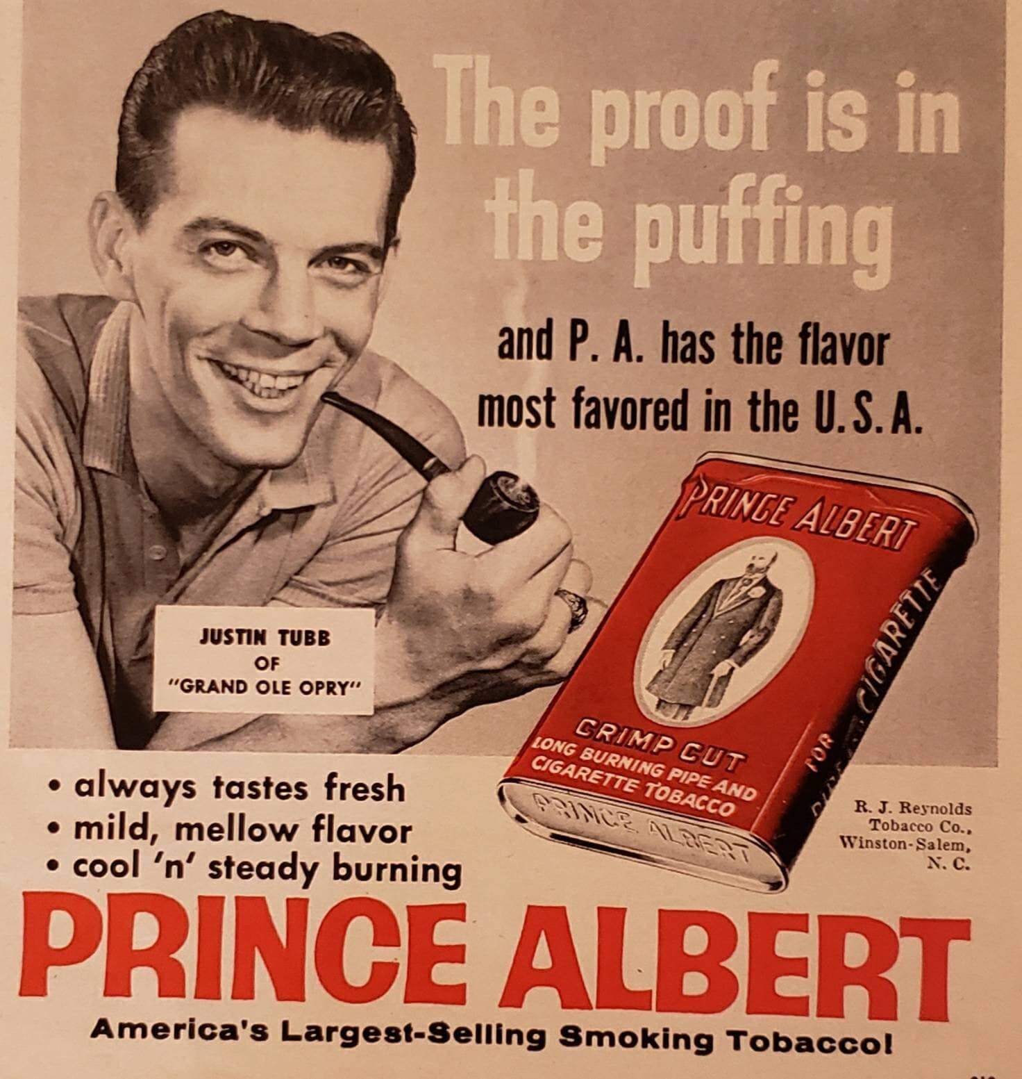 1961 PRINCE ALBERT Smoking Tobacco Mixture Pipe Smoker Justin Tubb Grand  Ole Opry Vintage Print Ad