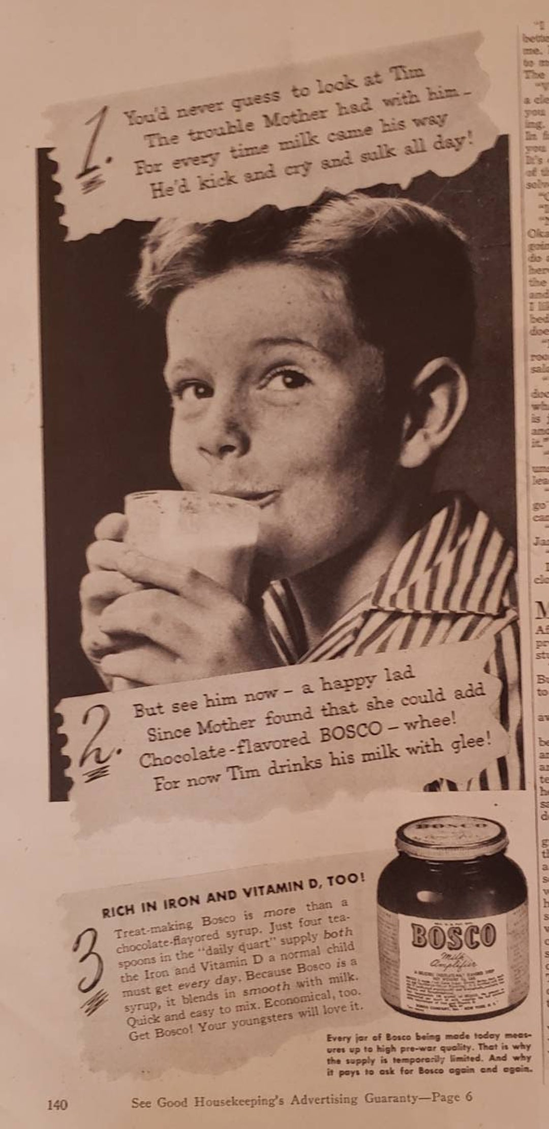 1945 BOSCO Chocolate Flavor Syrup Milk Amplifier Happy Lad Tim Poem