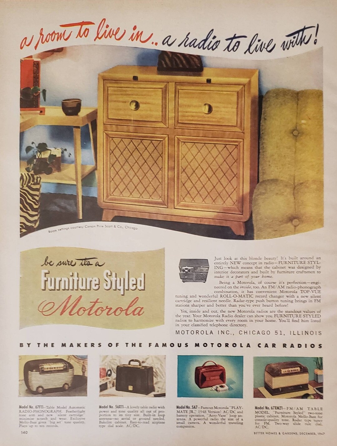 1947 MOTOROLA Furniture Styled Radios Electronics Phonograph Furniture ...