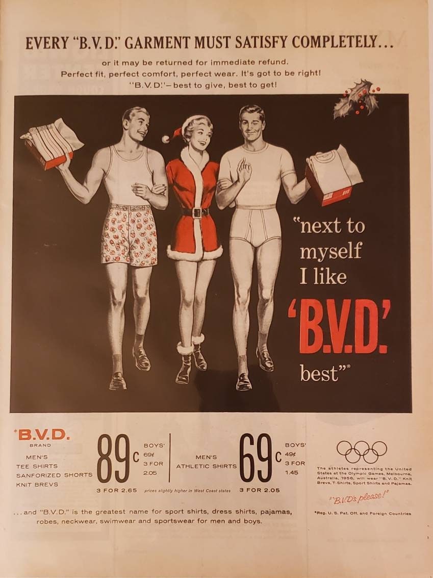 1956 B.V.D. Garments Mens Clothing Tee Shirts Underwear Shorts Knit Brevs  Briefs Female Santa Christmas Vintage Print Ad