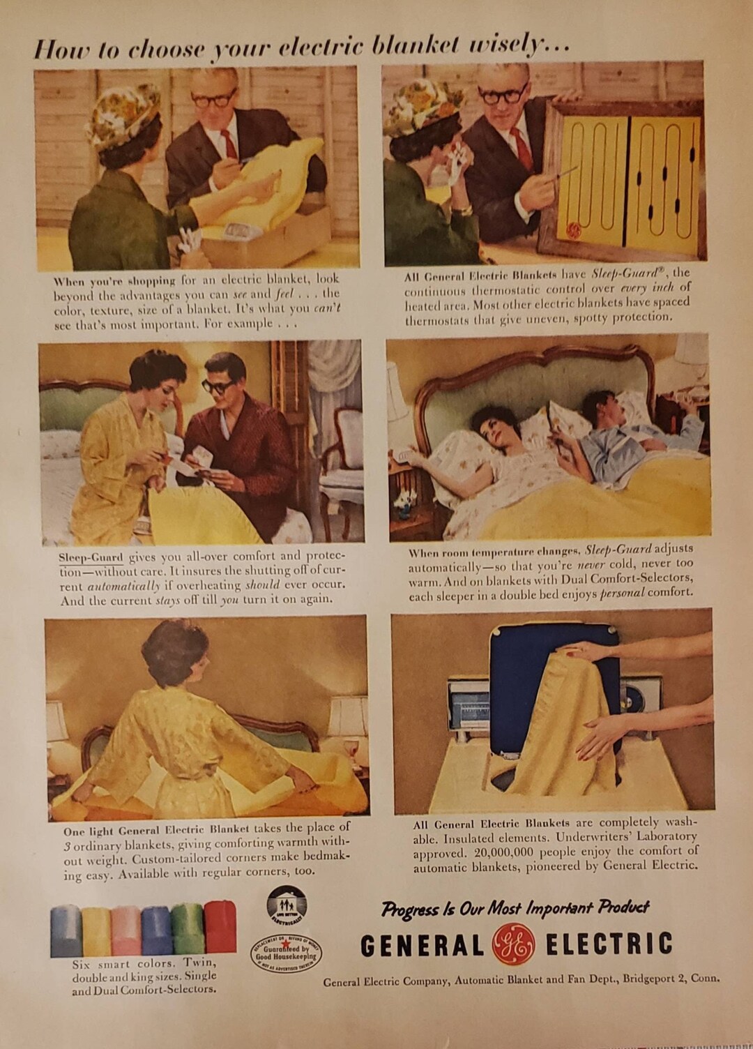 1959 GE General Electric Yellow Blanket Bedding Vintage Print Ad