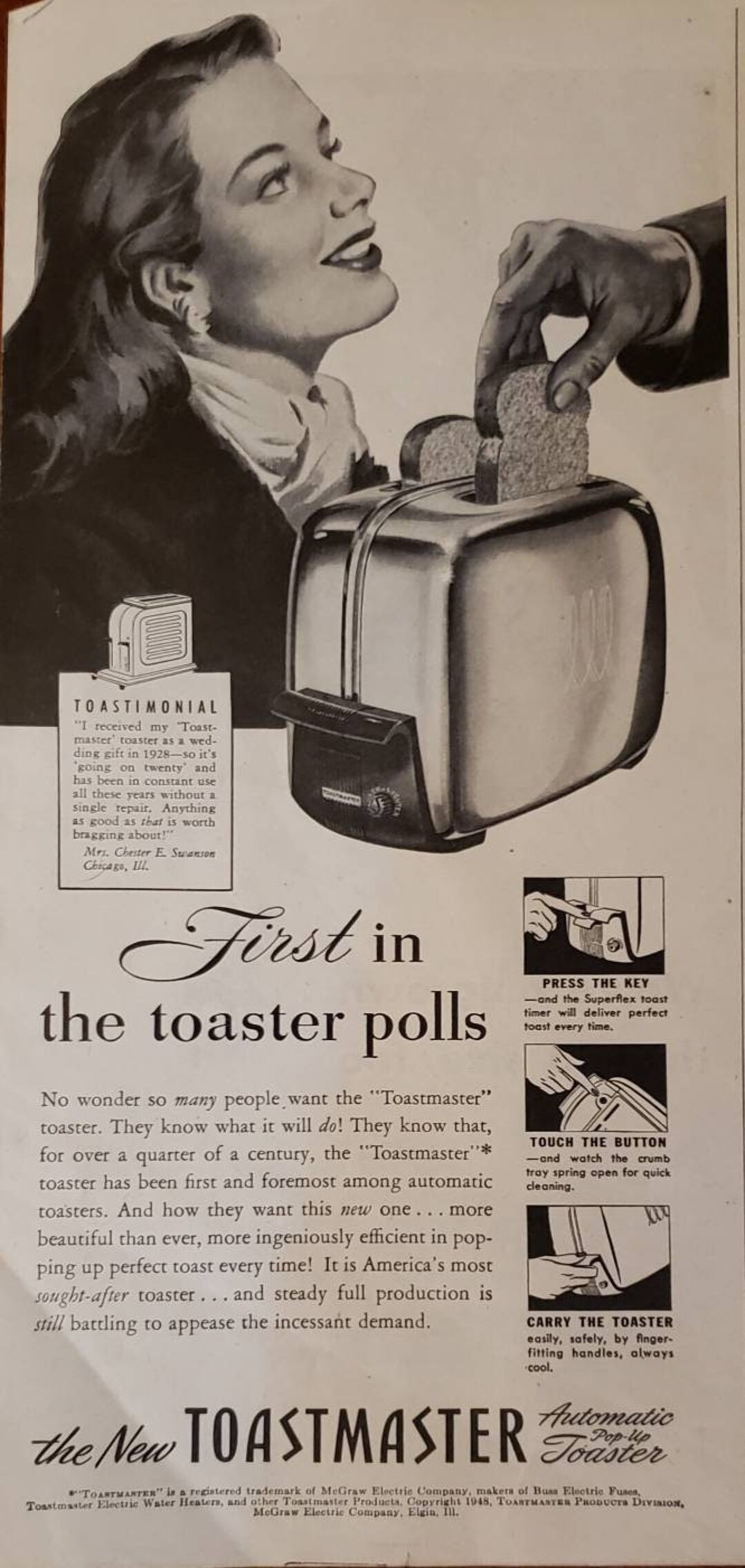 1948 TOASTMASTER Toaster Kitchen Appliance Housewife Vintage Print Ad