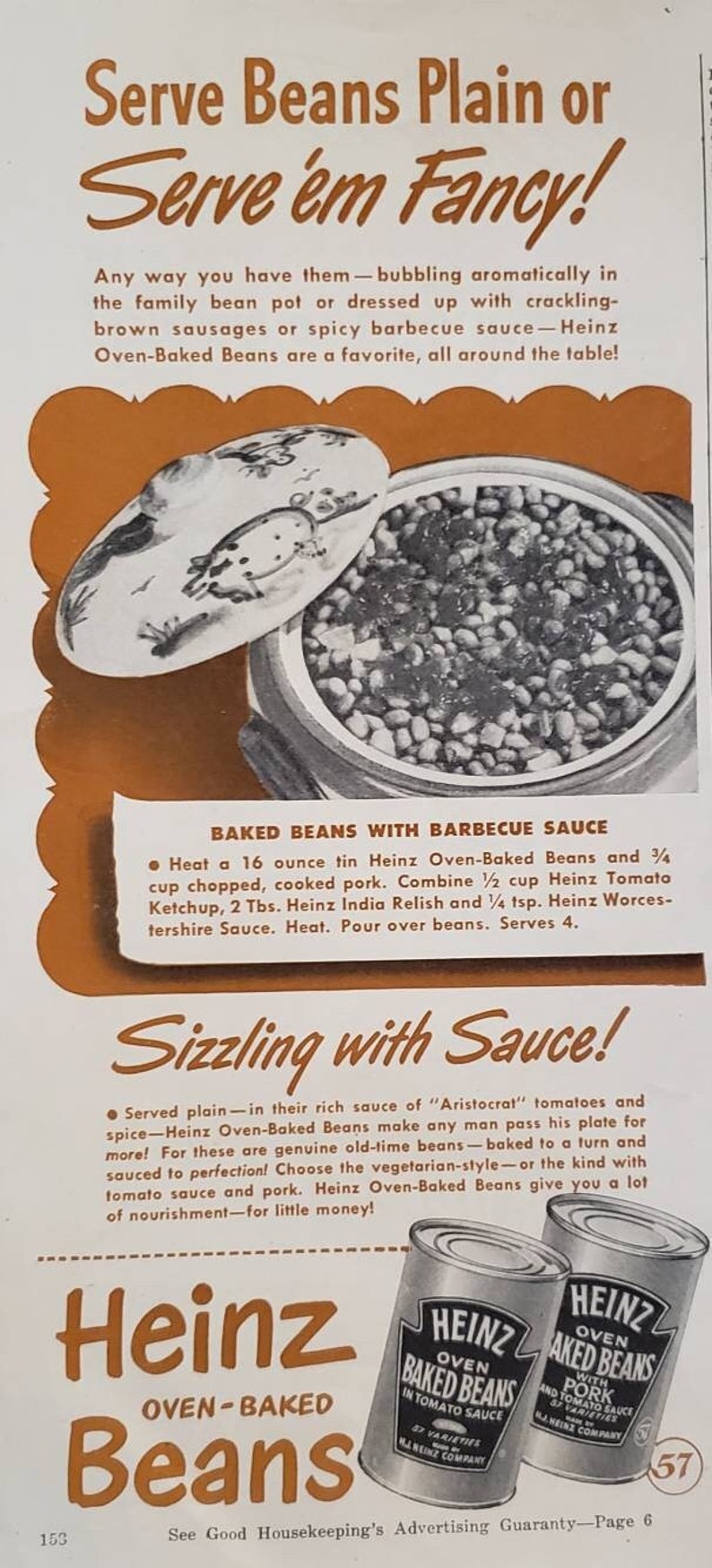 1948 HEINZ Oven Baked Beans Canned Food Recipe Vintage Print Ad Etsy