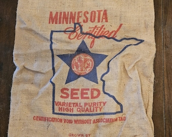 Vintage Burlap Sack, Minnesota Certified Seed Varietal Purity, MN State Crop Improvement, Farm Decor