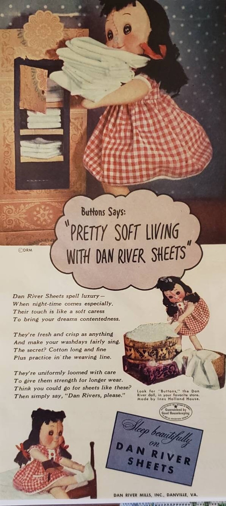 1947 DAN RIVER SHEETS Bedding Linens Sheet Buttons Doll Etsy