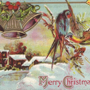 FELIZ NATAL Bird Bells House Arquivo de download de imagem digital 1910 Cartão postal vintage Feriado para impressão Colagem de scrapbooking
