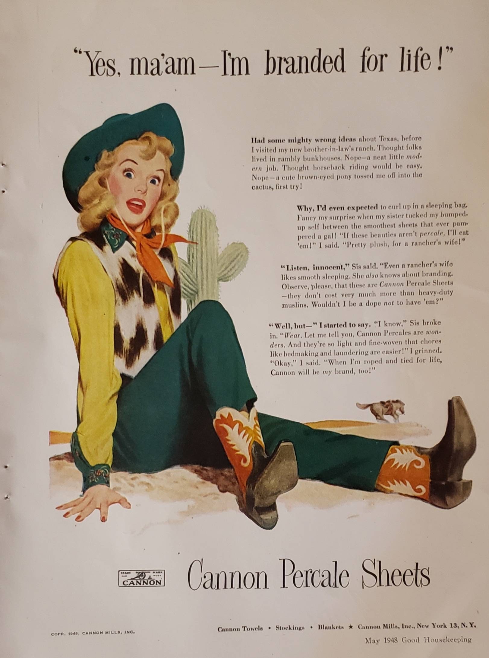 1948 CANNON MILLS Percale Sheets Bedding Cowgirl Vintage Print Ad