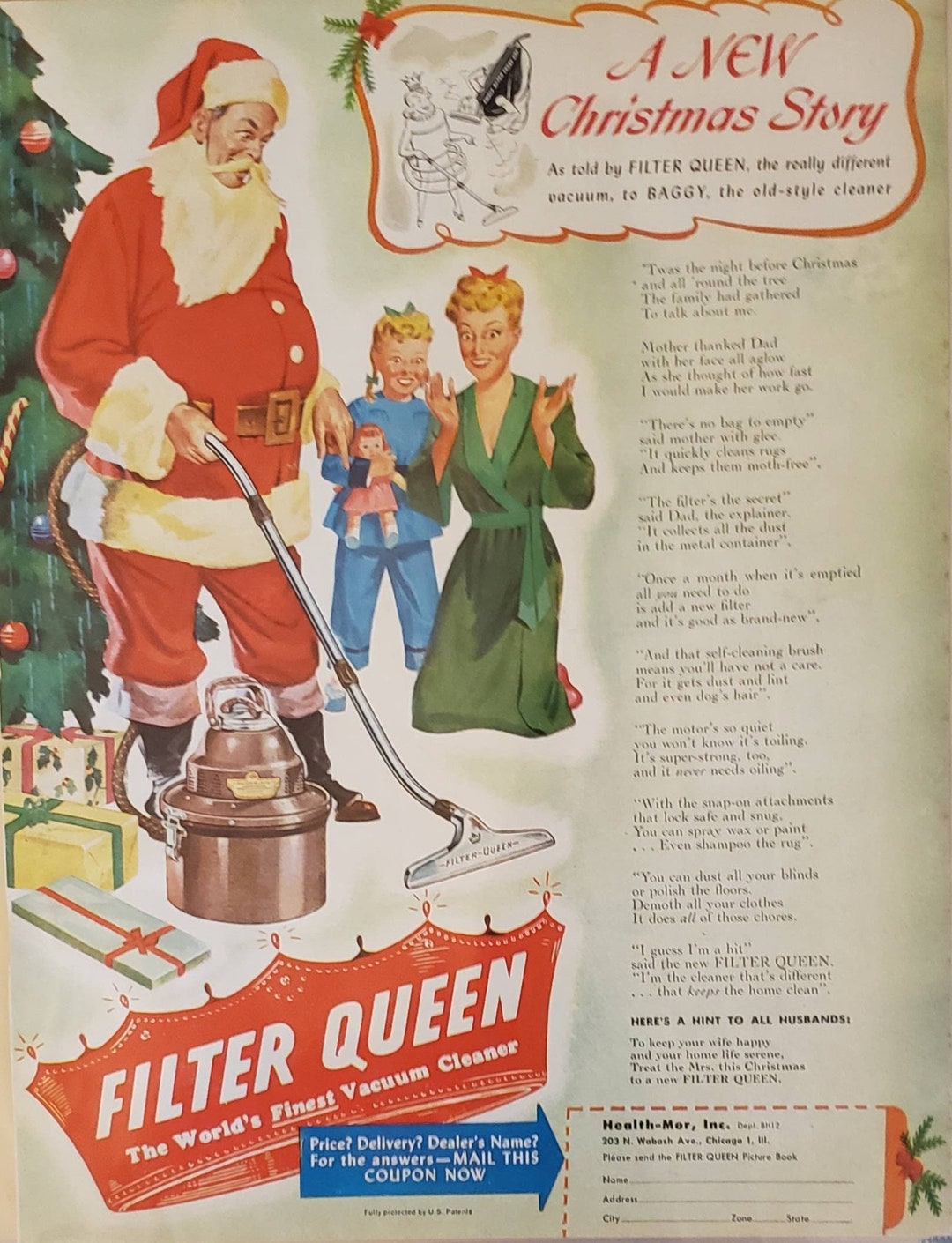 1947 FILTER QUEEN Vacuum Cleaner Cleaning Appliance Santa New Christmas