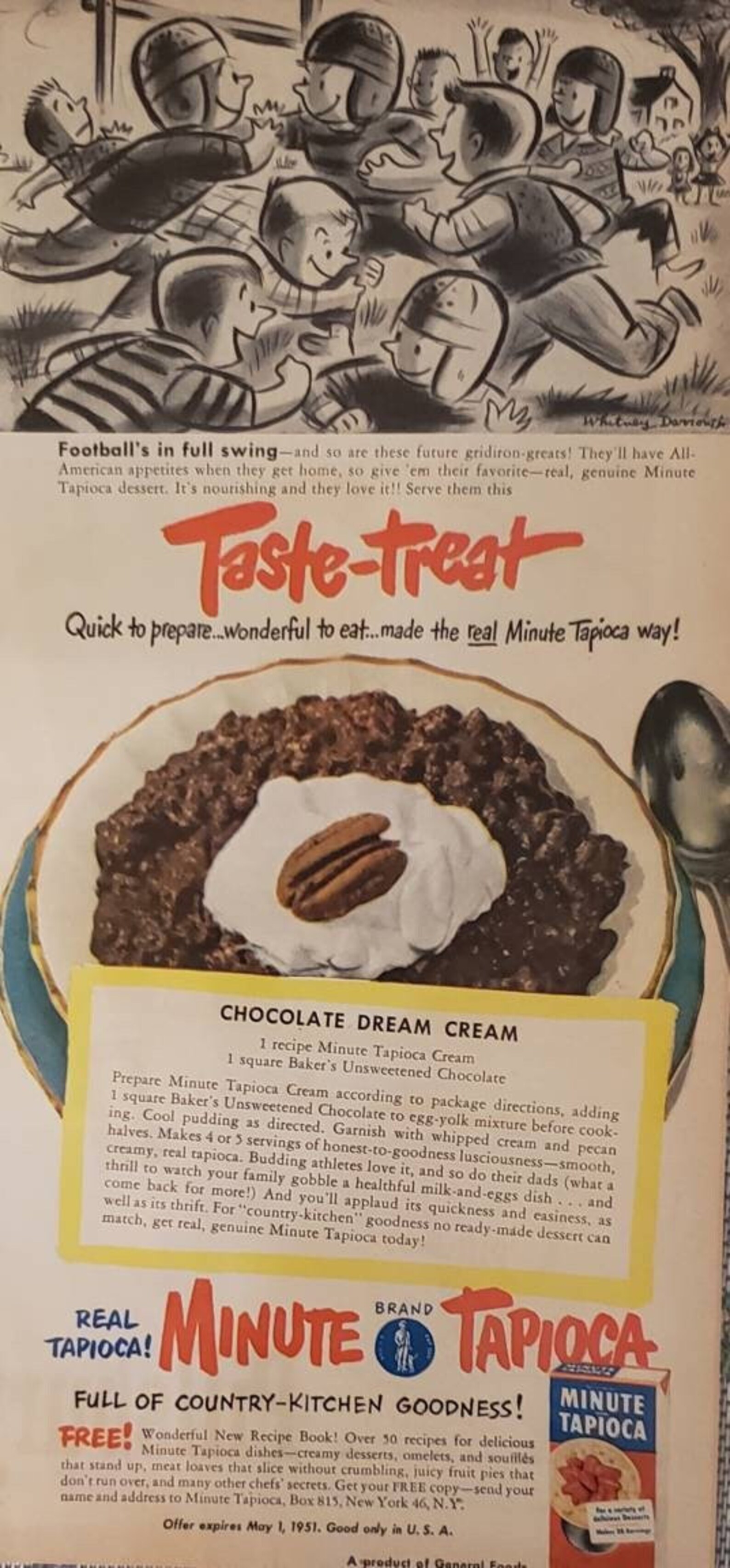 1950 MINUTE TAPIOCA Cream Dessert Food Recipe Football Comic Art ...