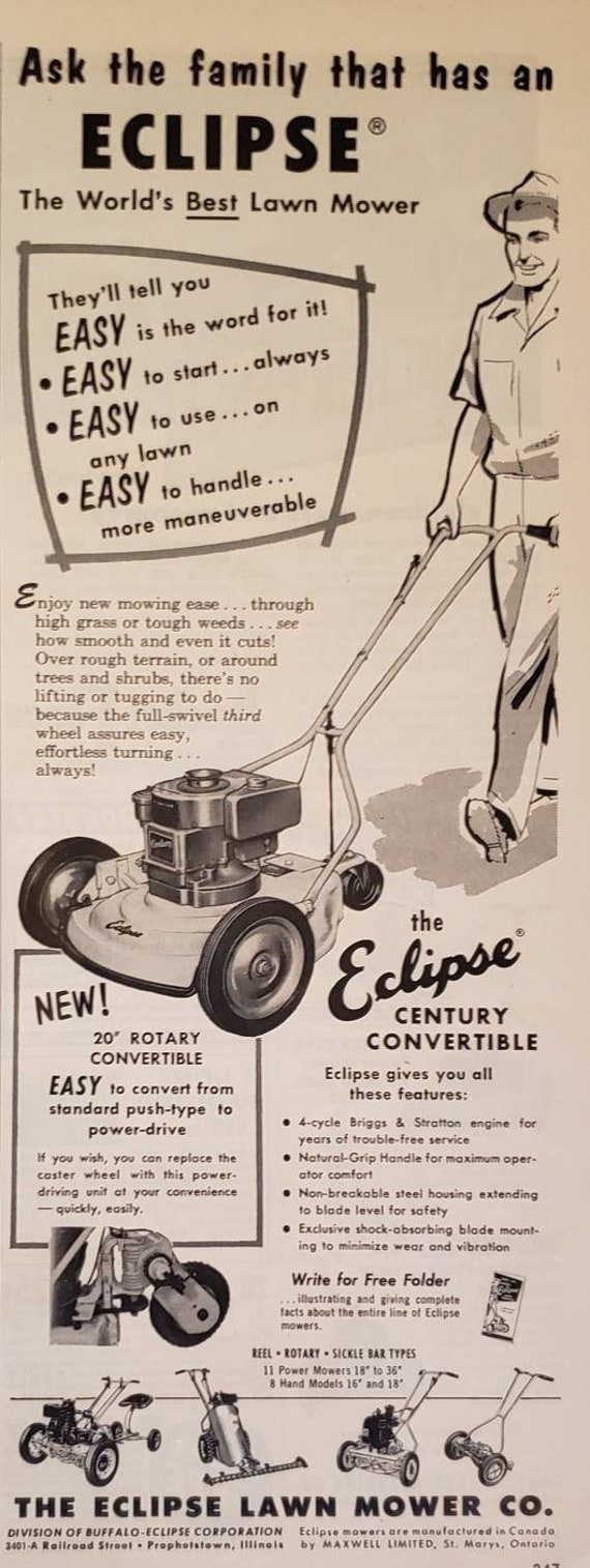 1954 ECLIPSE LAWN MOWER Rotary Convertible Yard Work Vintage Print Ad