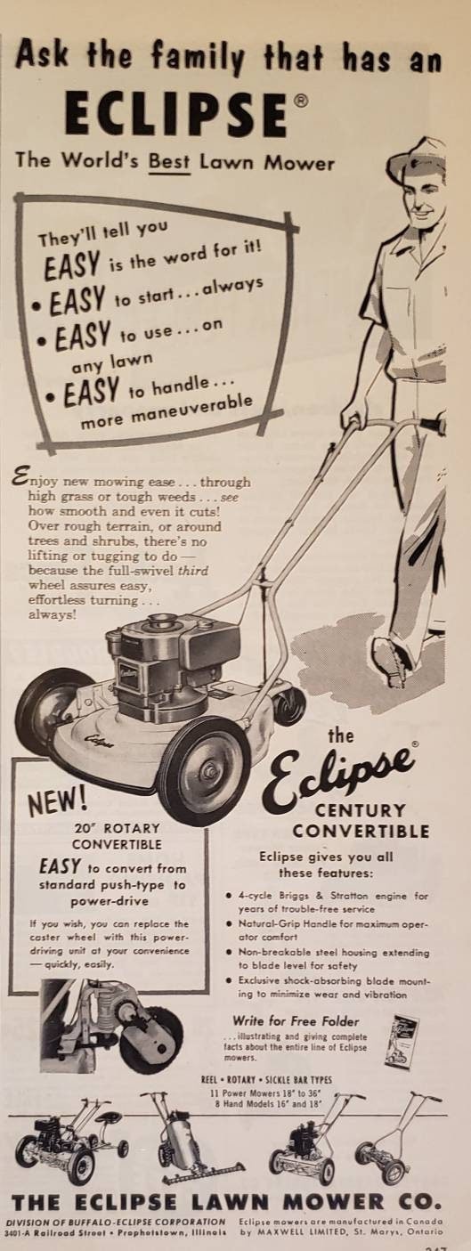1954 ECLIPSE LAWN MOWER Rotary Convertible Yard Work Vintage Print