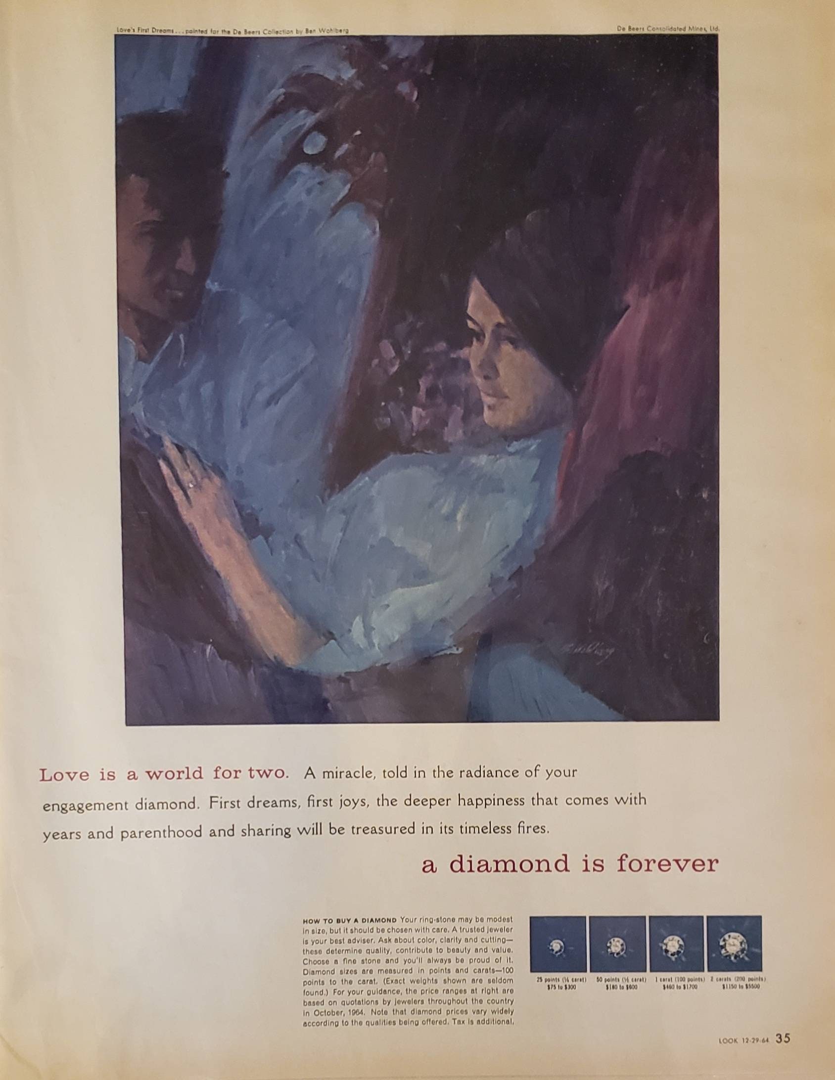 De Beers Diamonds Print Ad Original Rare Vtg 1950s Dove Columba