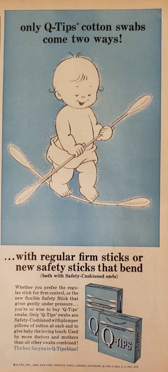 1962 Q-TIPS Cotton Swabs Safety Sticks Health Vintage Print Ad