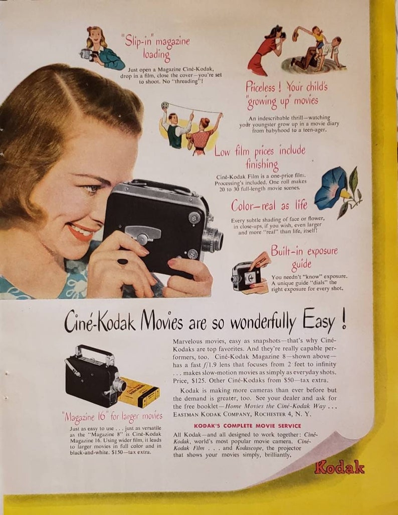 1947 CINE KODAK Magazine 8 Movie Camera CROSLEY Shelvador Refrigerator Kitchen Appliance Vintage Print Ad image 1