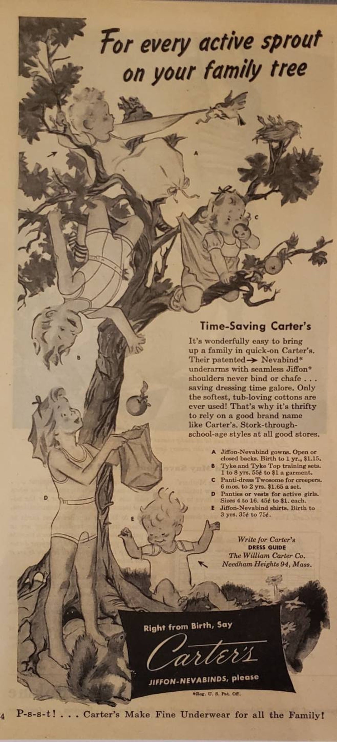 1945 CARTER'S Children Kids Underwear Clothing Fashion Vintage Print Ad 