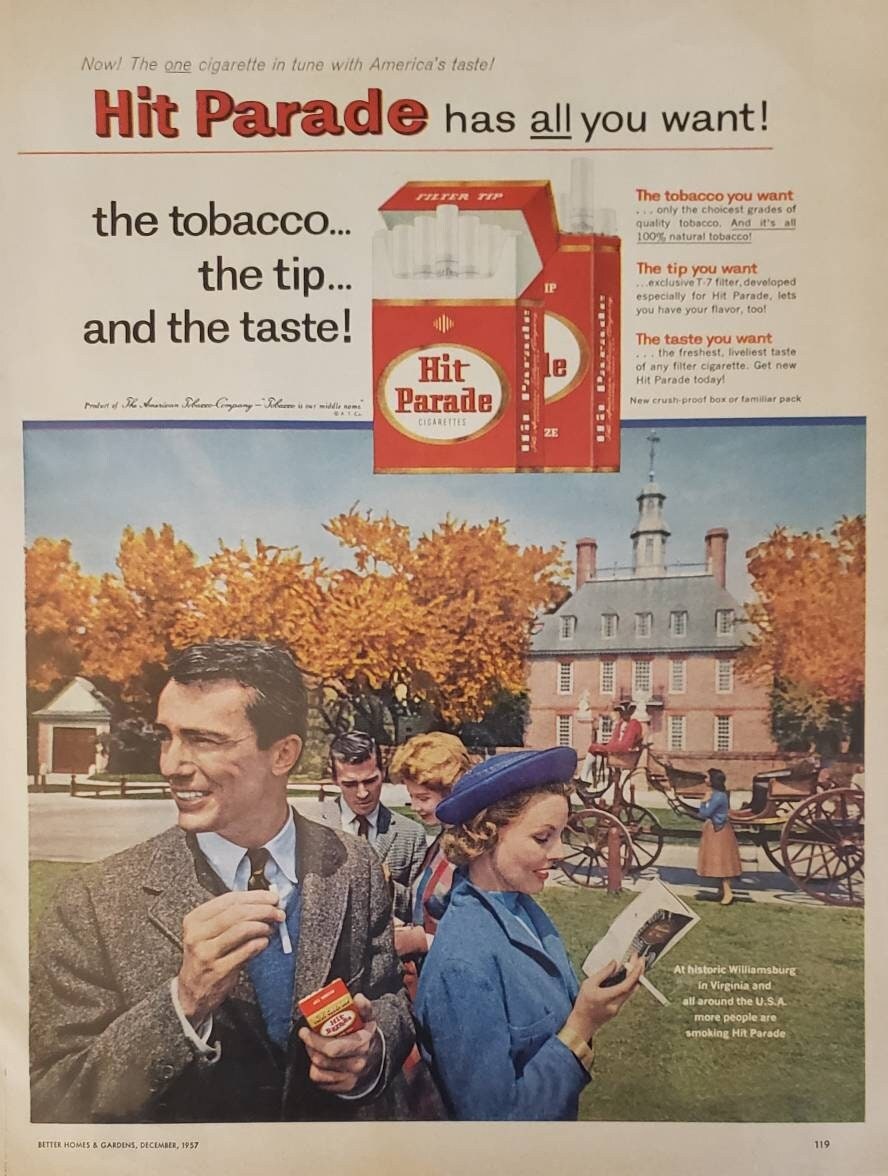 hit cigarettes 1957 HIT PARADE Cigarettes Tobacco Smoking Historic Williamsburg Virginia  Vintage Print Ad