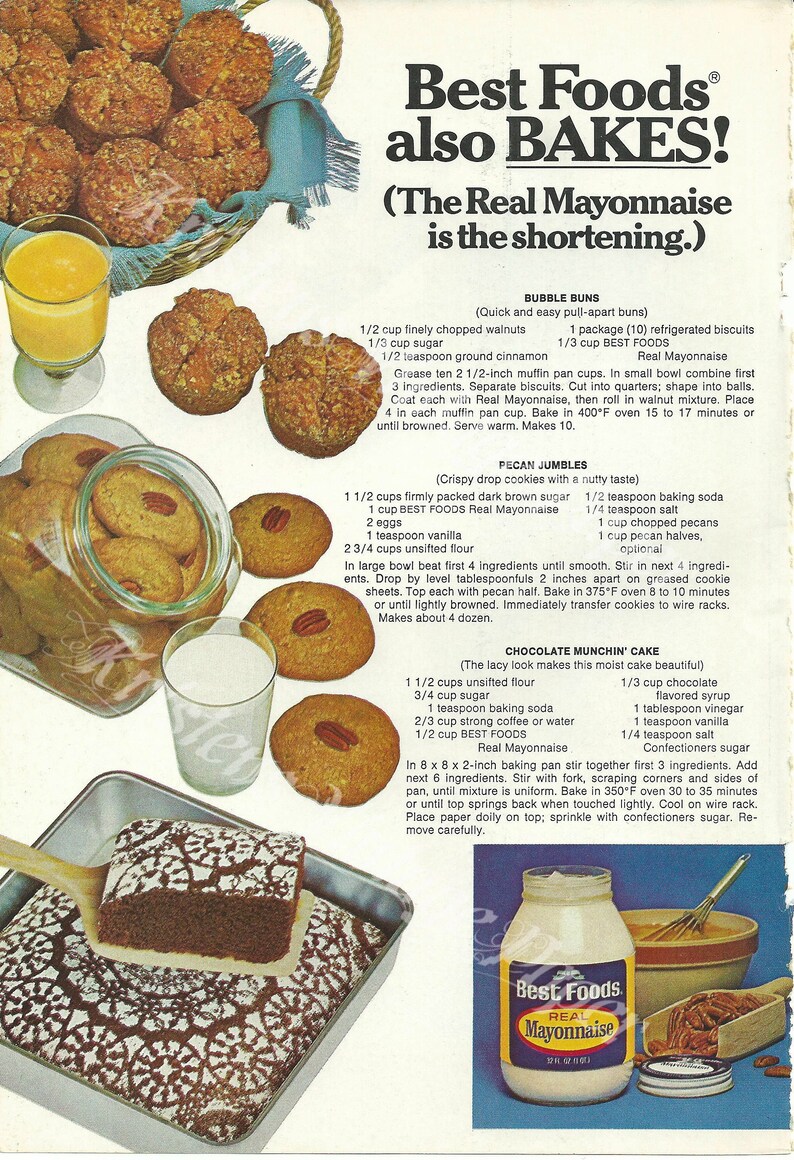 1977 BEST FOODS Real Mayonnaise Vintage Ad Mayo Baking Etsy