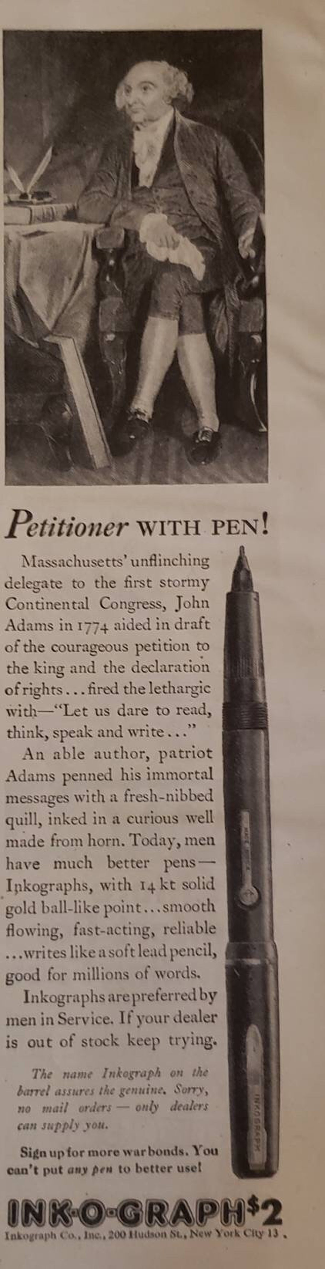 1945 INKOGRAPH PENS Petitioner With Pen John Adams Continental Congress