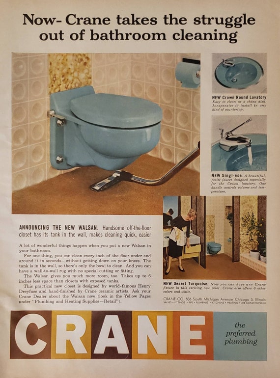 1958 CRANE Walsan Blue Off The Floor Toilet Plumbing Bathroom Cleaning Vintage Print Ad