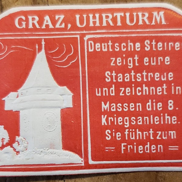 Vintage German Embossed Advertising Sticker Label Stamp Graz Austria Uhrturm Clock Tower Political Patriotic War Effort