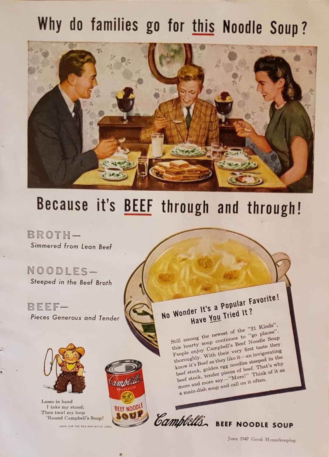 1947 CAMPBELL'S Beef Noodles Soup Family Dinner Food DUZ Laundry Soap