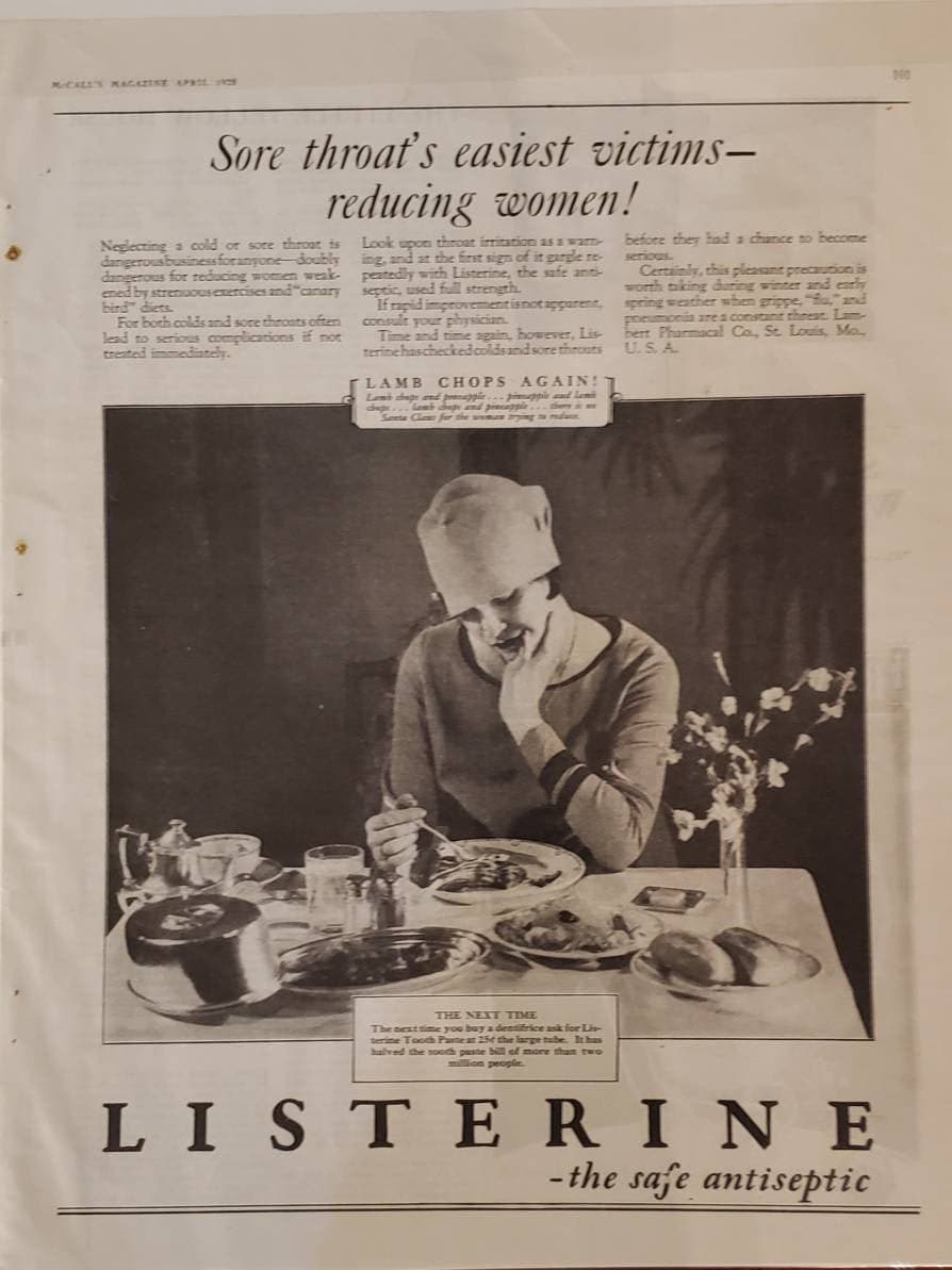 1928 LISTERINE ANTISEPTIC Dieting Woman Sore Throat Cold Gargle