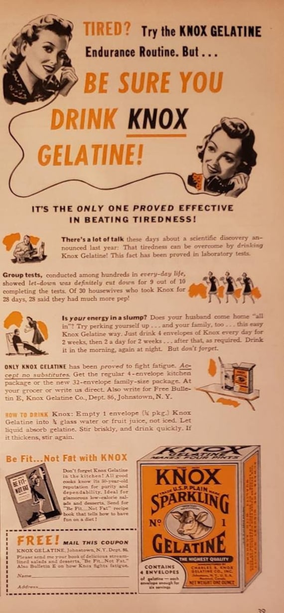 1940 KNOX GELATINE Energy Drink Tired Fatigue Health Vintage Etsy