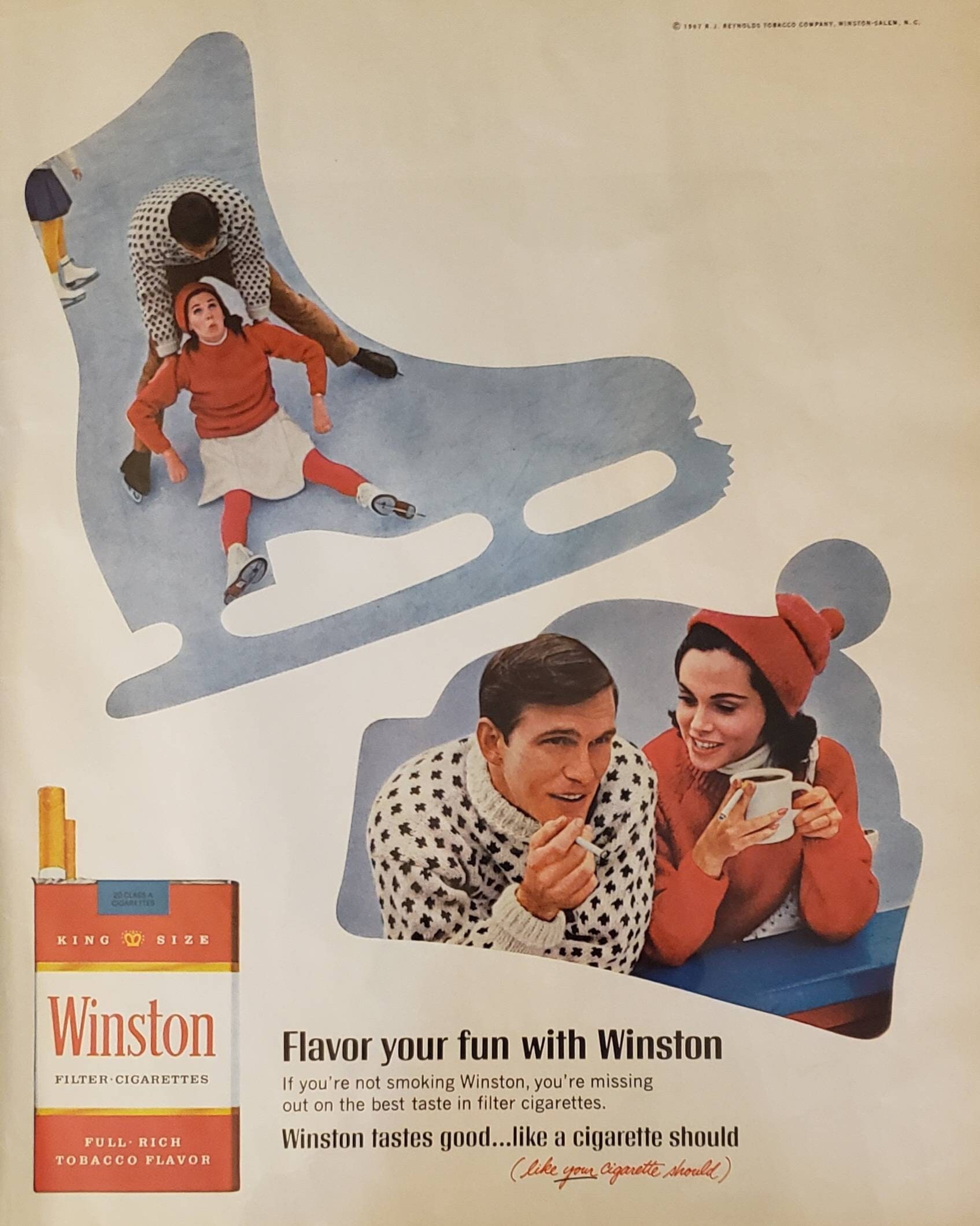 1967 WINSTON Filter Cigarettes Smoking Tobacco Ice Skating Smoker Couple  Vintage Print Ad