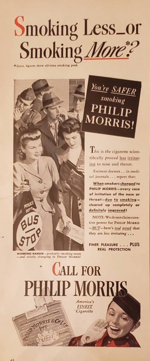 safer cigarettes 1943 PHILIP MORRIS Tobacco Smoking Safer Cigarettes Vintage Print Ad