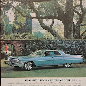 1963 CADILLAC Vintage Ad, Price Cost Luxury Blue Car Automobile Buff Gift Wall Art Decor