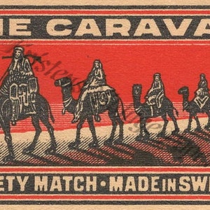 1900s Antique Swedish Matchbox Label Vintage Paper Ephemera - THE CARAVAN Camels Sweden Safety Matches