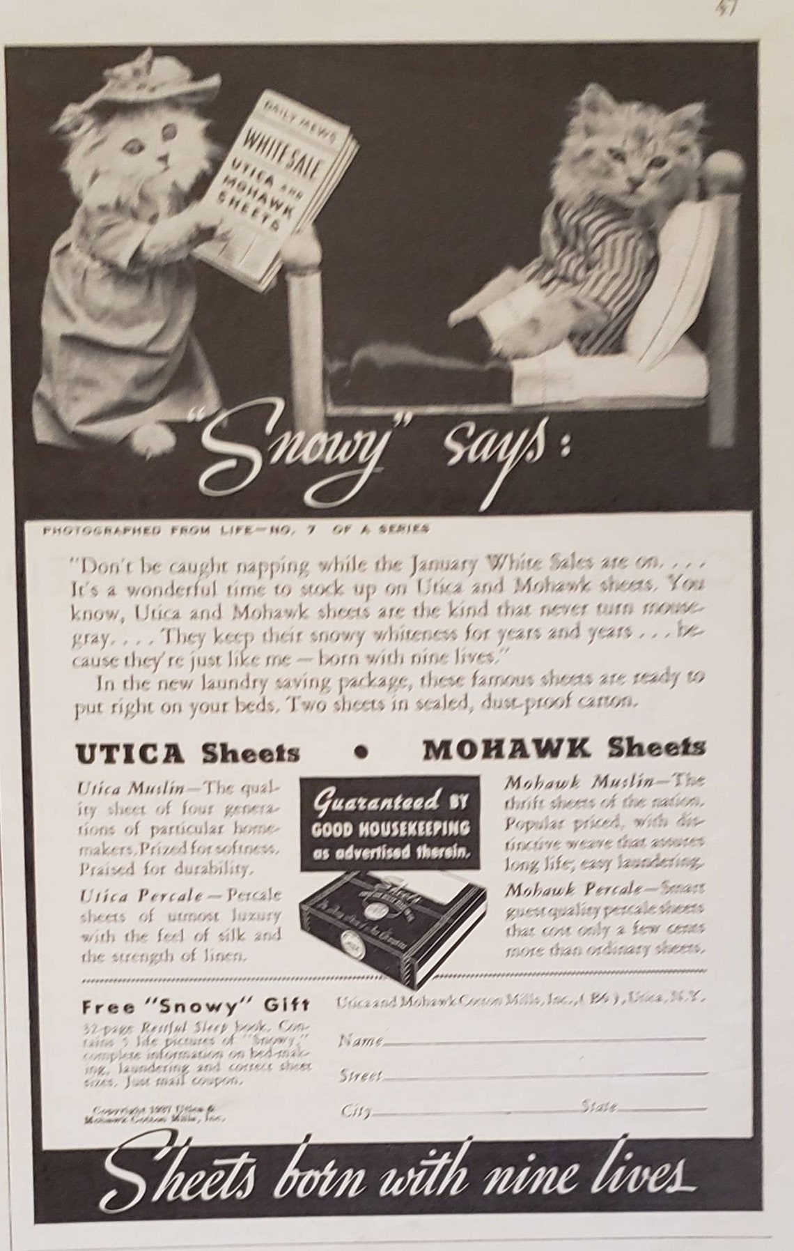 1937 UTICA and MOHAWK SHEETS Muslin Percale Bedding Cats Kittens Bed
