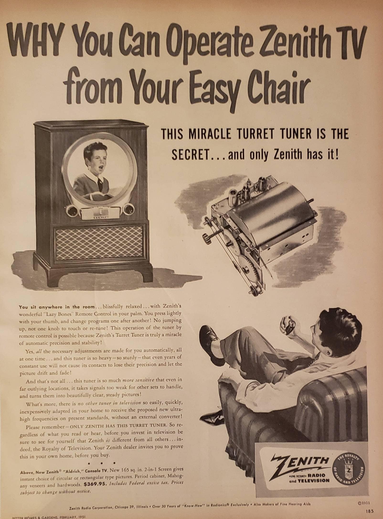 1951 ZENITH Console TV Television Set Turret Tuner Remote Control