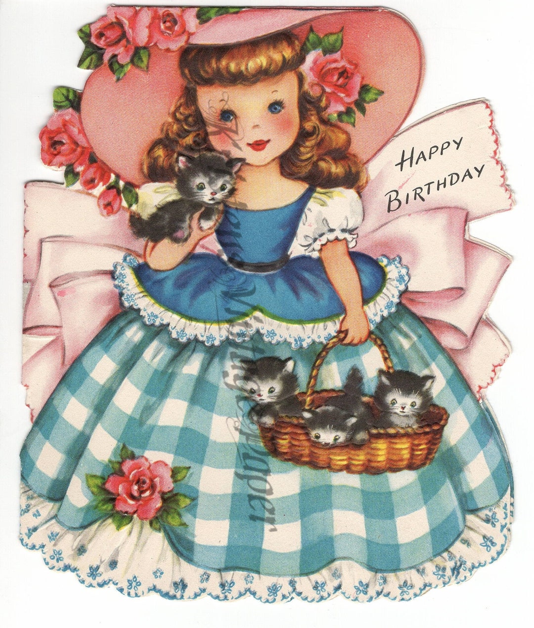 Instant Digital Download BIRTHDAY CARD Girl Cat Kittens Die Cut Vintage ...