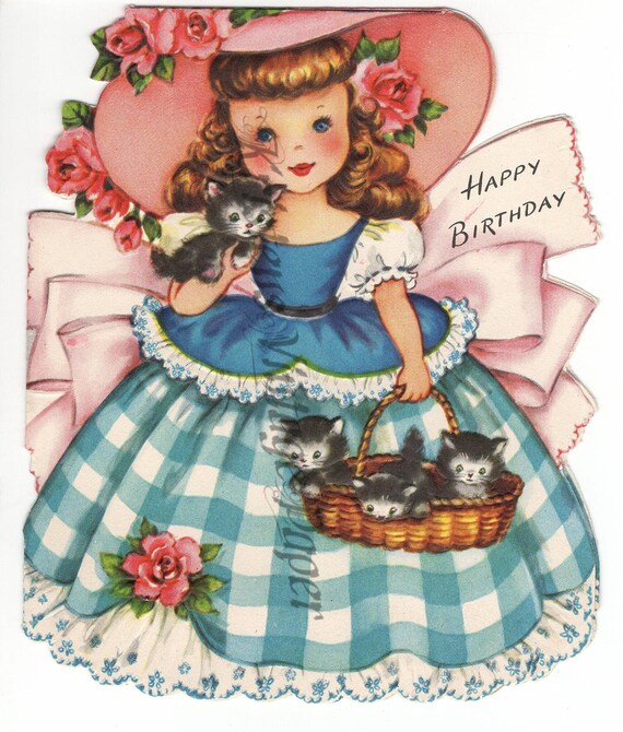 Instant Digital Download BIRTHDAY CARD Girl Cat Kittens Die Cut Vintage Digital Image File Printable Scrapbooking Collage Crafting