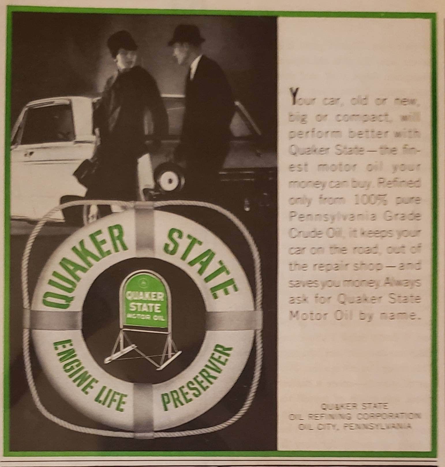 1963 QUAKER STATE Motorolie Auto Motor Life Preserver Vintage Print Advertentie
