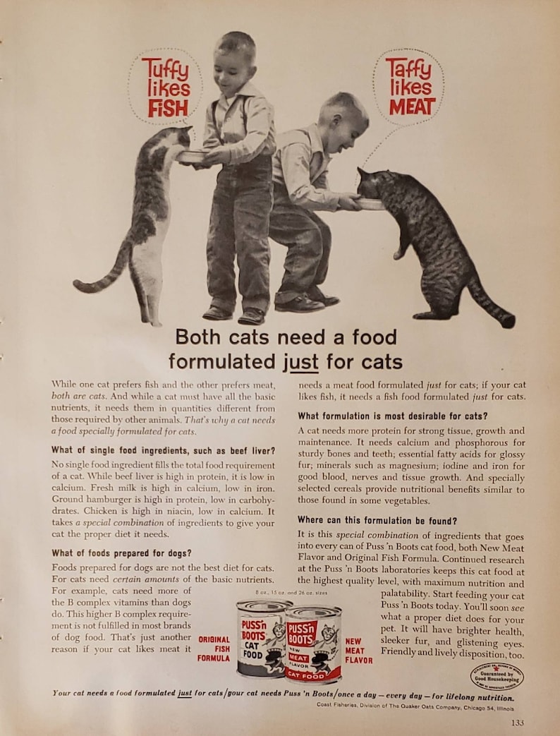 1961 PUSS 'N BOOTS Cat Food Fish Meat Flavor Pet Foods Vintage Print Ad