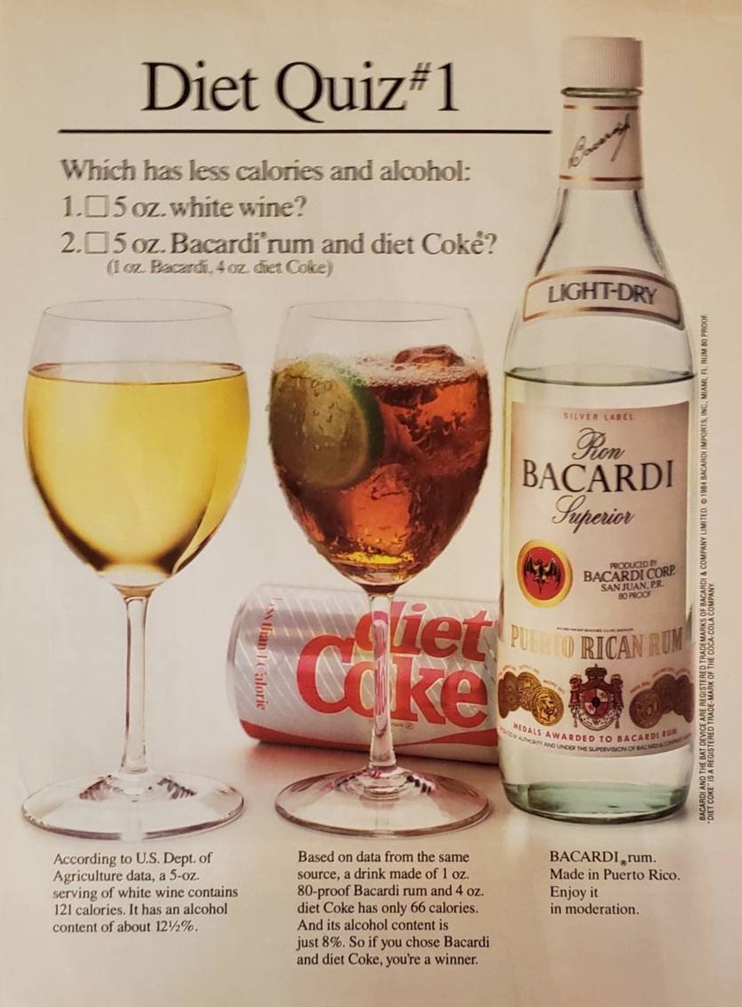 1985 BACARDI Puerto Rican Rum Diet Quiz Calories Alcohol Vintage Print