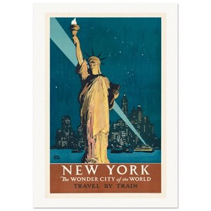 New York Travel Vintage Train Travel Ad Poster di carta opaca di qualità museale della Statua della Libertà