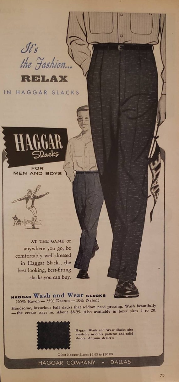 1957 HAGGAR Wash and Wear Men Boys Slacks Pants Trousers Clothing Fashion  Vintage Print Ad 